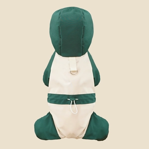 Detail of pet jumpsuit featuring windproof hood D-ring and adjustable waist drawstring