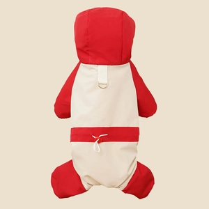 Waterproof red pet jumpsuit with metal D-ring and adjustable drawstrings for dogs