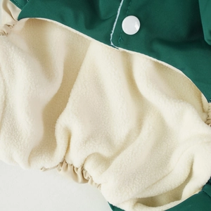 Close-up of windproof fabric and warm fleece lining on a green pet winter jacket