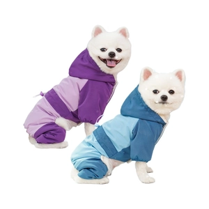 Waterproof hooded pet jumpsuit for dogs and cats featuring a purple and blue color block design