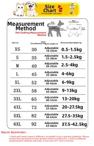 Size chart for pet dog fleece hoodie with chest and back length measurements from XS to 6XL
