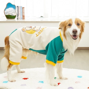 Dog Jumpsuit Cotton Cartoon Bear Print Color Block Warm Hooded Sweatshirt For Medium Large Dogs Pet Apparel