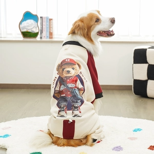 Detail of bear print and leash hole on fleece baseball dog hoodie for large breeds