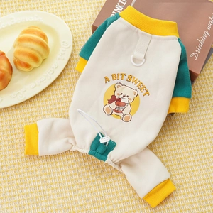 Detail of dog onesie with cartoon bear print, leash D-ring and adjustable drawstring