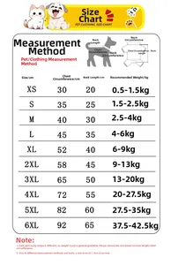 Detaillierte Größentabelle für Hunde- und Katzenkleidung von XS bis 6XL mit Maßen