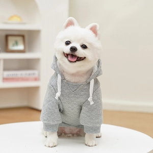 Detailansicht grauer gesteppter Haustier-Hoodie mit Kordelzug an weißem Hund