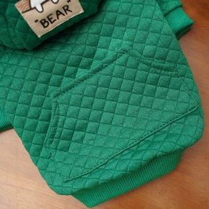 Detailansicht des grünen gesteppten Hunde-Hoodies mit Bear-Aufnäher und Textur