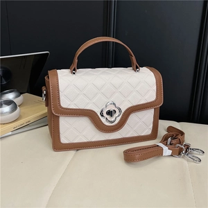 Women Quilted Crossbody Bag PU Leather Diamond Pattern Flower Twist Lock Elegant Shoulder Bag Contrast Color