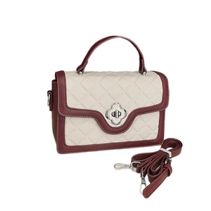 French style quilted crossbody bag in beige and burgundy leather with clover metal lock