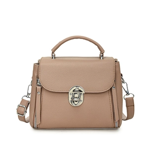 Taupe lychee grain leather crossbody bag with silver hardware lock and top handle