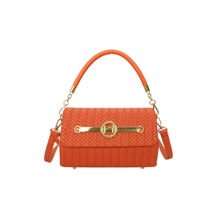 Bright orange woven texture box handbag with gold M-logo clasp and crossbody strap