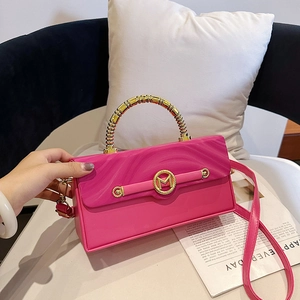 Fashion Women Box Bag PU Leather Wavy Texture Crossbody Bag With Golden Bamboo Handle Round M Logo Metal Decor Handbag
