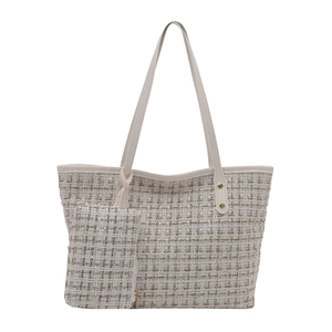 Chic tweed tote bag set with matching coin purse featuring gold-tone hardware and white trim