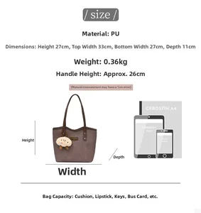 Size chart for large PU leather tote bag with dimensions and capacity comparison view