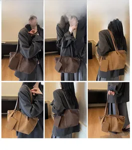 Detailed multi-angle views of large faux suede tote bag with matching pouch for women