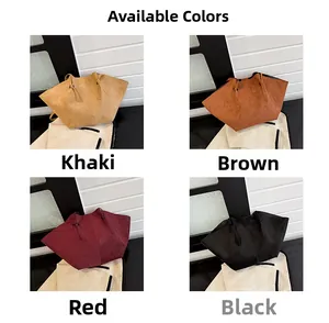 Detail view of large capacity suede tote bags available in khaki, brown, red, and black