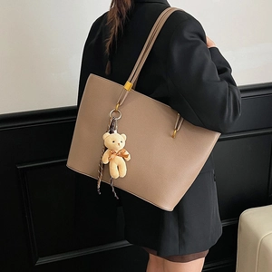 Taupe large capacity tote bag with lychee texture, silk scarf and plush bear charm
