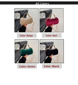 Detail view of velvet evening clutch bags in four colors with gold metal top handles