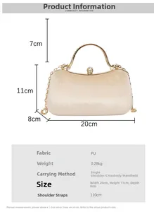 Detailed size chart of champagne gold evening bag with metal handle and dimensions