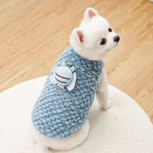 Blue fleece pet vest with cute bee patch and metal D-ring for leash attachment
