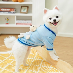 Light blue pet knitted sweater with 3D teddy bear decor for small dogs and cats