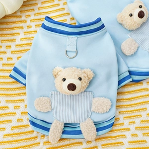 Light blue dog baseball jacket with 3D teddy bear and D-ring leash attachment