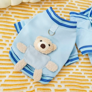 Detail of pet hoodie with 3D teddy bear patch and metal D-ring for leash attachment