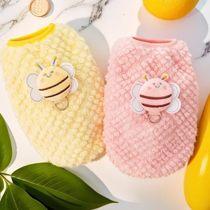 Cute bee-themed pet fleece vest with D-ring for leash attachment in pink and yellow