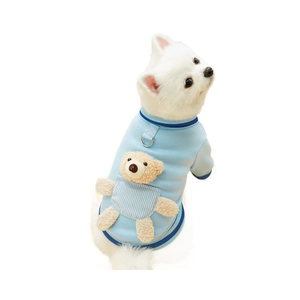 Light blue dog baseball sweater with plush bear pocket and built-in D-ring harness