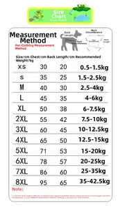 Πίνακας μεγεθών για ρούχα κατοικιδίων XS-8XL με στήθος, μήκος πλάτης και οδηγό βάρους