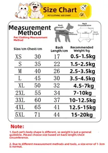 Detaillierte Größentabelle und Messanleitung für Kleidung für Hunde und Katzen.