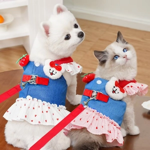Harnasjurk van denim met beer en aardbei voor kleine honden en katten in huisstijl