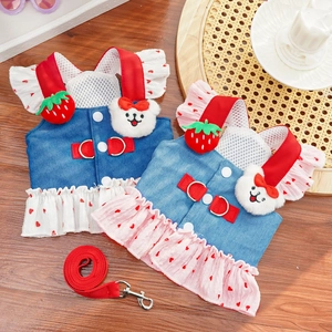 Denim hondentuigje jurk set met aardbeibeer pluche en rode lijn voor kleine honden