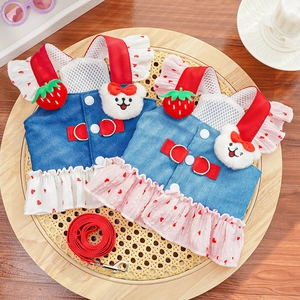 Huisdier Harnas Jurk Denim Puppy Kat Kleding Met Riem Aardbei Beer Decor Hart Print Mesh Ademend Vest Rok Kleding