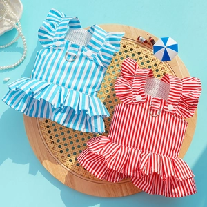 Close-up of striped pet dress with ruffle hem and D-ring on beach themed background