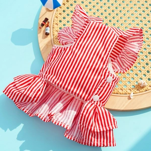 Detail of red striped dog dress with ruffled sleeves and buttons on beach decor