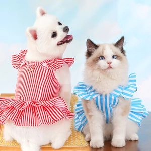Striped pet princess dress with ruffled layers and D-ring harness for dogs and cats