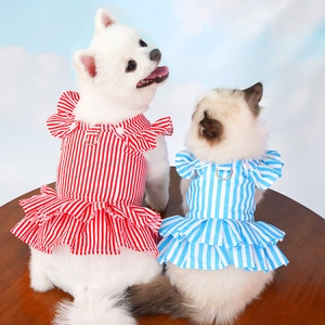 Striped pet dress with ruffle trim and D-ring harness for small dogs and cats