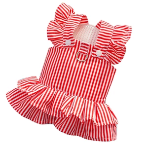 Striped princess pet dress with ruffle sleeves and metal D-ring for small dogs and cats