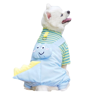 Salopette pour animal de compagnie dinosaure avec t-shirt à rayures et pantalon bleu
