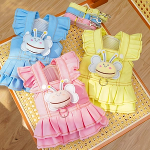 Pet Denim Dress Harness And Leash Ruffle Pleated Dog Cat Clothes Cartoon Bee Decor Cute Apparel