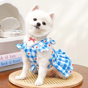 Détail de la robe pour chien à carreaux bleus avec cœurs rouges et manches volantées