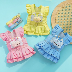 Denim pet harness dress set with cartoon bee detail in yellow, pink and blue colors