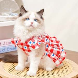 Détail de la robe pour chat à carreaux rouges et blancs avec petits cœurs bleus