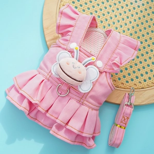 Pink denim pet harness dress with plush bee detail and breathable mesh lining