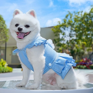 Detail of light blue denim dog dress featuring white wing decor and ruffle hem details