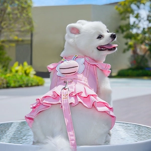 Pink denim pet dress with 3D cartoon bee decoration and matching leash for dogs