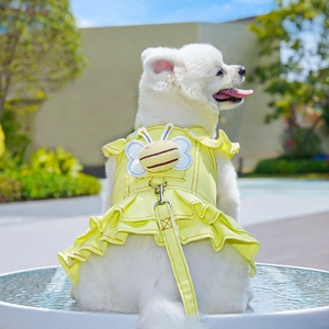 Pomeranian wearing yellow denim pet dress with bumblebee decor and matching leash