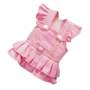Pink denim pet dress with tiered ruffles and metal D-ring for leash attachment