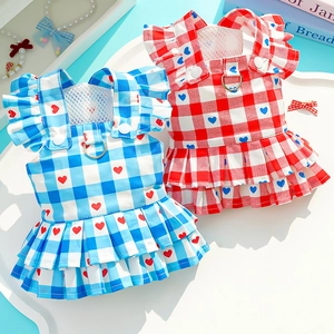 Robe Harnais Pour Animaux À Carreaux Rayée Imprimé Cœur Chien Chat Vêtement Avec Anneau En D Volant Style Princesse Chiens